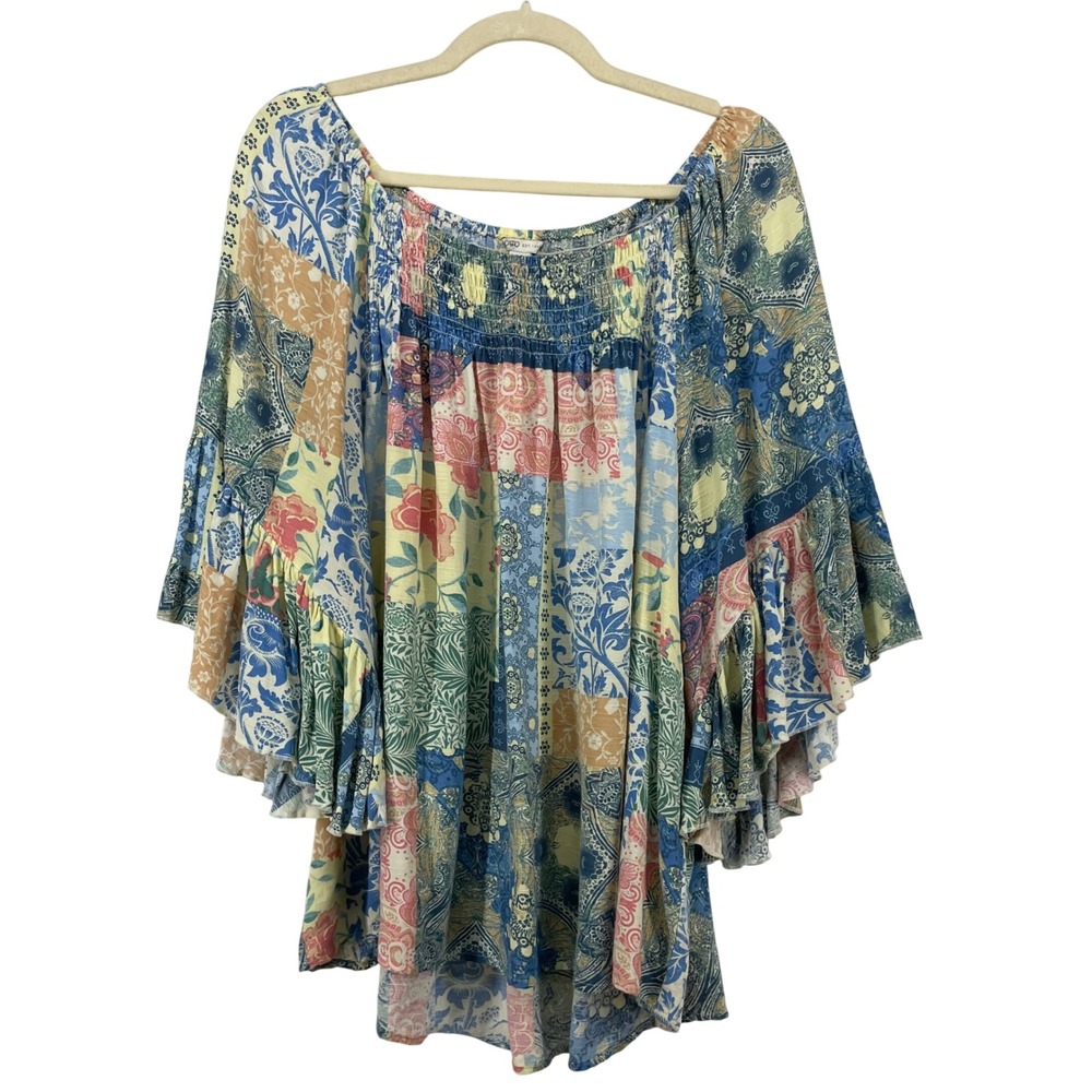 Cato Size 18/20W Blouse Multicolor Patchwork Smocked Bell Sleeve Women XL 1X